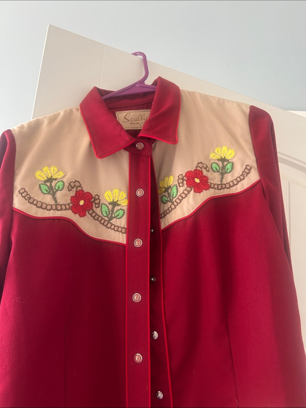 Scully Red Western Embroidered Floral Snap-Front Shirt with Cream Yoke